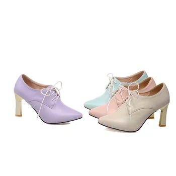 British college casual style sexy pointed toe pumps fashion lace-up purple pink apricot blue high-heeled women's shoes big size