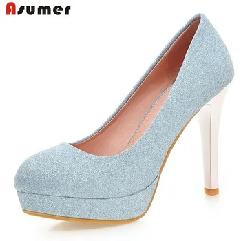 Asumer plus size 34-43 wedding party dress shoes women pumps high heels summer sequined cloth nubuck leather round toe fashion