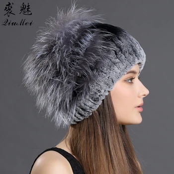 QiuMei Women Hats Real Rex Rabbit Fur With Fox Fur Caps Hat Elegant Fashion Genuine Natural Knitted Fur Hats Beanies Female