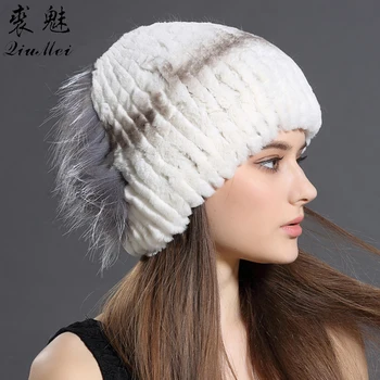 QiuMei Women Hats Real Rex Rabbit Fur With Fox Fur Caps Hat Elegant Fashion Genuine Natural Knitted Fur Hats Beanies Female