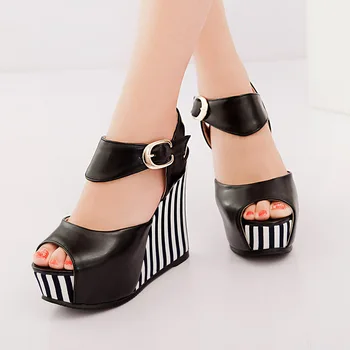 Womans Summer Striped Shoes 2017 Casual Buckle Classics Wedges Womens Shoes Size 11 12 13 14 Platform Extreme High Heels