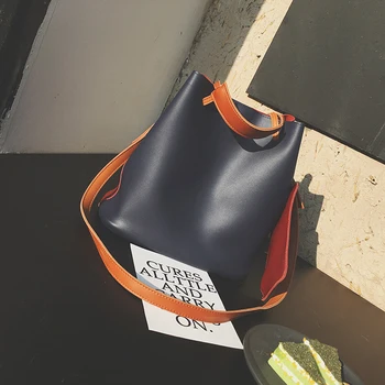 New Patchwork Double Colour Panelled Bucket Bag 2016 Leather Drawstring Handbag Simple Tassel Shoulder Bag Fashion Composite Bag