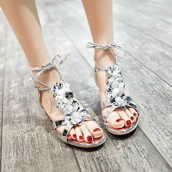 ESVEVA 2017 Lace Up Bohemia Summer Shoes Metal Color PU Women Sandals Square med Heel Sandals flower Wedding Shoes Size 34-43