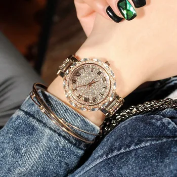 Roman Numeral Women Diamond Quartz Watch Famous Brand Elegant Dress Watches Ladies Rhinestone Wristwatches Relogios Femininos