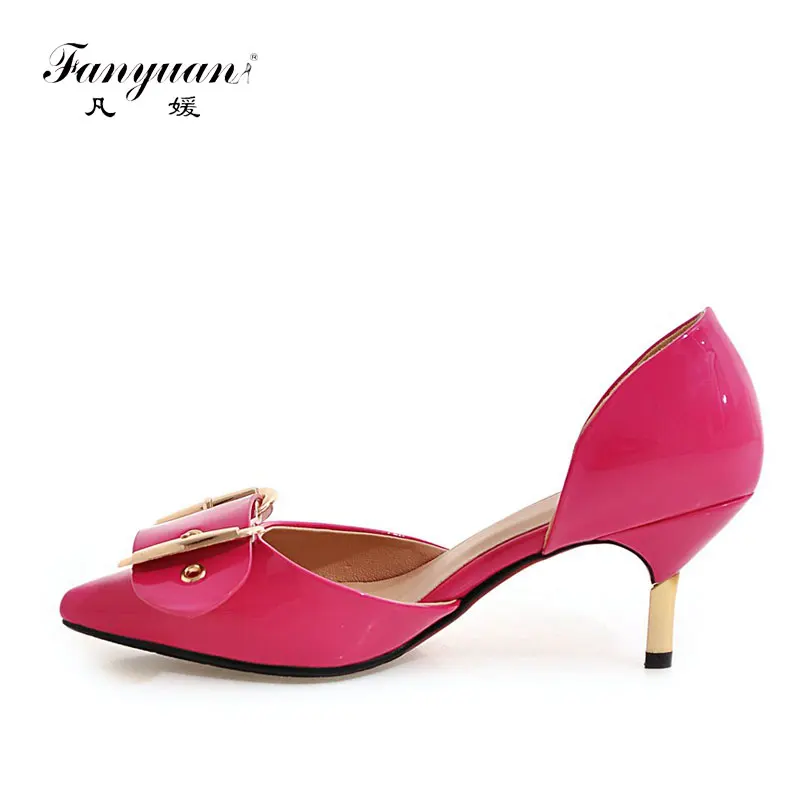 Fanyuan 2017 Women Thin Heels D'Orsay Patent Leather Working Pumps Sexy Pointed Toe Metal Decor Two Pieces Lady's Slip-on Dress