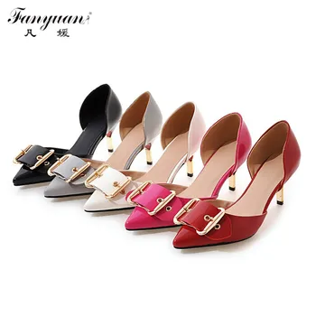 Fanyuan 2017 Women Thin Heels D'Orsay Patent Leather Working Pumps Sexy Pointed Toe Metal Decor Two Pieces Lady's Slip-on Dress