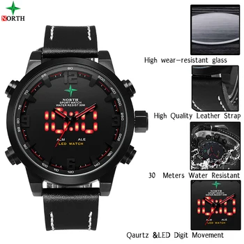 NORTH Men's Quartz Digital Leather Watch Military Casual Sports Watches Luxury Brand Relogio Outdoor Sport Wristwatch Male