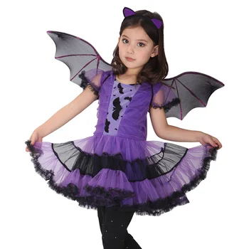 Fancy Masquerade Bat Girls Dress Witch Clothing Halloween Costume for Girls with Wings Costume for Kids Purim Carnival Costumes