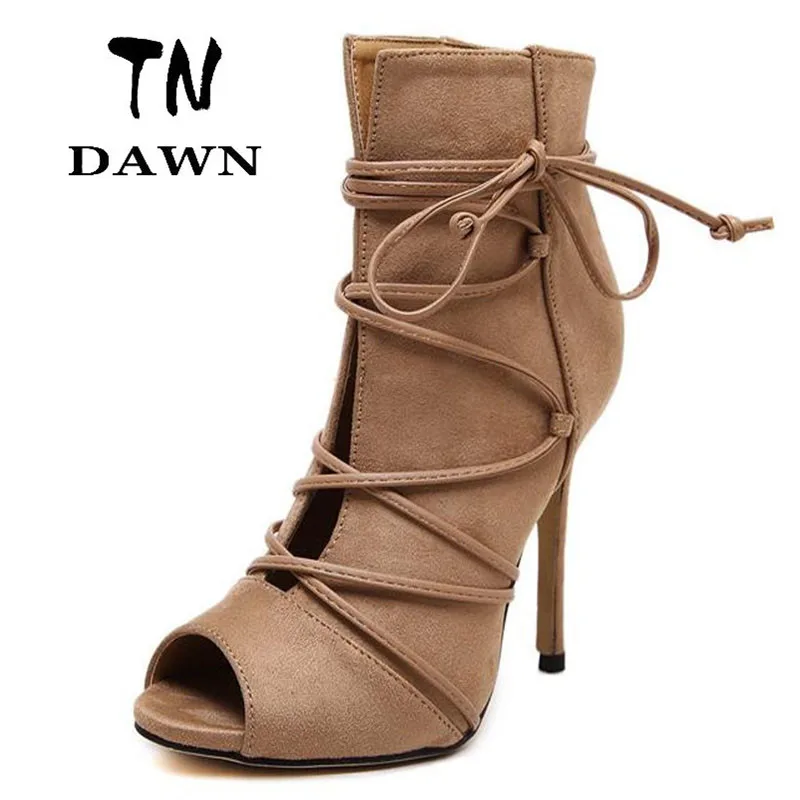 2016 Fashion Suede Summer Boots Sexy Peep Toe High Heels Ankle Strap Gladiator Pumps Lace Up Party Runway Shoes Women Stiletto