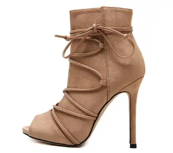 2016 Fashion Suede Summer Boots Sexy Peep Toe High Heels Ankle Strap Gladiator Pumps Lace Up Party Runway Shoes Women Stiletto