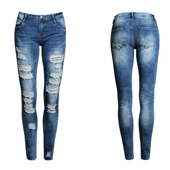 2017 new ladies cotton denim black white stretch ripped jeans for women pencil skinny jeans woman plus size jeans female