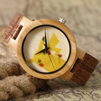 2016 New Lovely Genius Pikachu Style Wood Watch Handmade Bamboo Wrist Watch With Genuine Leather Strap Clock Unisex Child Gift