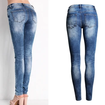 2017 Hot Fashion Ladies Cotton Denim Pants Stretch Womens Bleach Ripped Skinny Jeans Denim Jeans For Female Plus Size