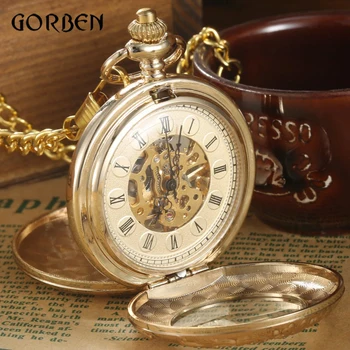 Luxury Gold Steampunk Pocket FOB Watches Chain engraving 2 Sides Open Case Hand Wind Mechanical Pocket Watches Relogio De Bolso