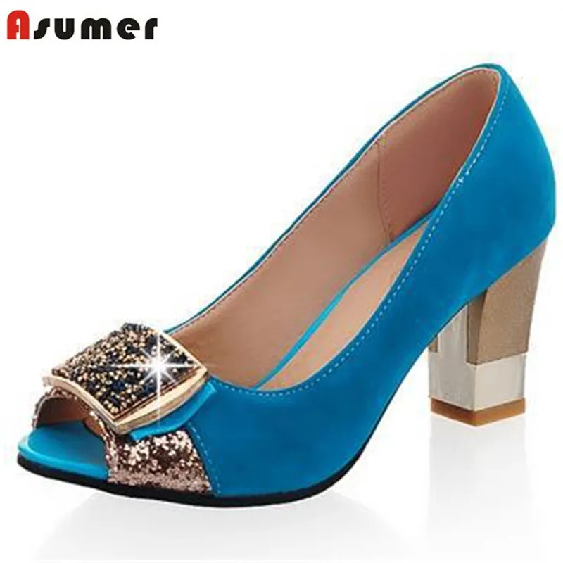 Asumer large size 32-43 women pumps peep toe comfortable new arrive rhinestone round toe thick heels summer shoes