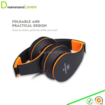 New Foldable 3.5mm Hi-Fi Stereo Over-ear Headphones with Microphone and Volume Control For Iphone Samsung Huawei Black&Orange