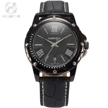 AGENTX Auto Date Display Masculino Black Dial Analog Leather Strap Male Business Clock Men Quartz Casual Watch Gift Box / AGX114
