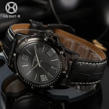 AGENTX Auto Date Display Masculino Black Dial Analog Leather Strap Male Business Clock Men Quartz Casual Watch Gift Box / AGX114