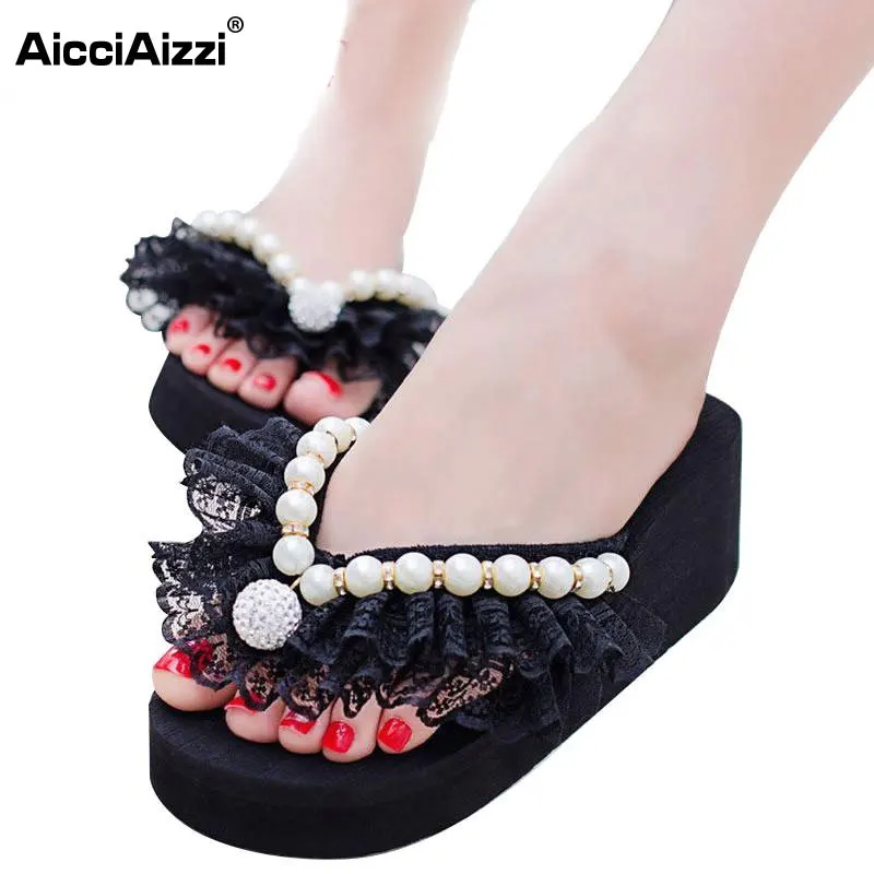 New fashion wedges high heels ladeis slippers women sweet lace sandals woman platform flip flops size 36-40 WA0834