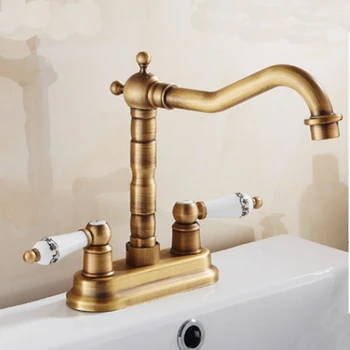Modern Antique Brass Swivel Bathroom Sink Faucet Mixer Dual Handles Deck Mounted