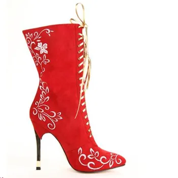 SHOFOO shoes,Gorgeous fashion , suede, white embroidery, 11 cm high heel boots mid-calf boots. SIZE:34-45