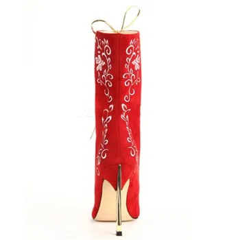 SHOFOO shoes,Gorgeous fashion , suede, white embroidery, 11 cm high heel boots mid-calf boots. SIZE:34-45