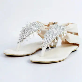 Ivory Flat Heel Women Sandals Flip Flops Summer Shoes Women Beadings Crystals Designer Shoes Women Luxury 2017 Flat Sandals