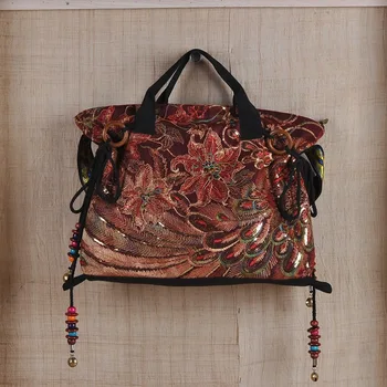 Women Fashion Mesh Phoenix Embroidered Handbag Chic Double-Side Classy Embroidery Designer Beading Ladies Canvas Crossbody Bag