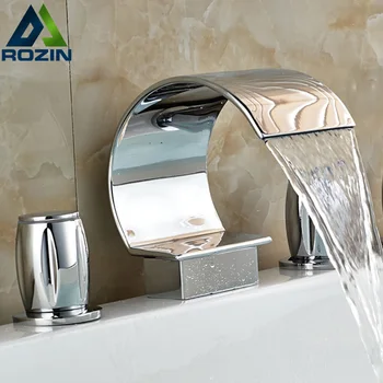Double Handles Brass Waterfall Spout Hot and Cold Water Bathroom Basin Faucet Deck Mounted Chrome Finished