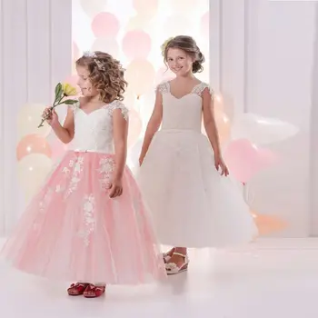 2017 New Pink Flower Girl Dresses Lace Tulle Ball Gown Vintage V-Neck Sleeveless Appliques Formal First Communion Gowns Vestidos