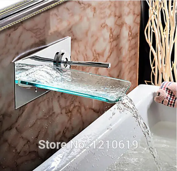 Newly US Wholesale And Retail Wall Mounted Chrome Finish Waterfall Bathroom Tub Faucet Glass Spout Single Handle