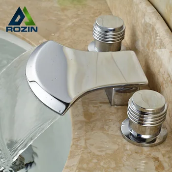 Double Handle Waterfall Basin Faucet Widespread Deck Mounted Mixer Taps Chrome Finished