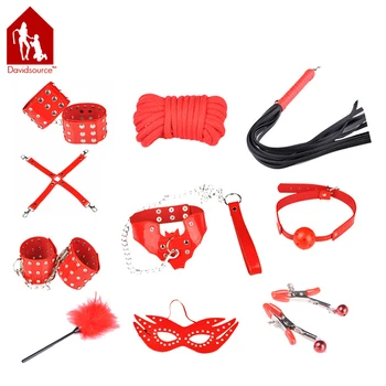 Davidsource Red Outfit Mask Gag Collar Nipple Clamps Handcuffs Ankle Cuffs X-Buckle 10 Meters Rope Whip Feather Stick