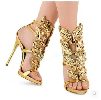 Sexy Bling Crystal Drilled Angle Wings High Heel Sandals Shiny Leather Bridal Gold Plated Winged Gladiator Wedding Sandal Shoes