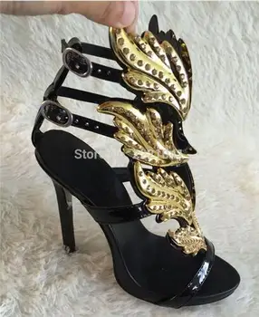 Sexy Bling Crystal Drilled Angle Wings High Heel Sandals Shiny Leather Bridal Gold Plated Winged Gladiator Wedding Sandal Shoes