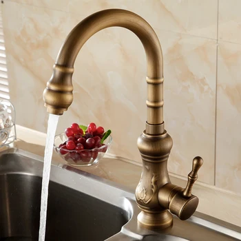 Promotions Antique Brass Kitchen Faucet Single Lever Hot and Cold Water Tap Swivel Spout Vanity Sink Mixer Tap