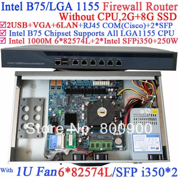 Mikrotik vpn 1U Firewall rack server with Six 1000M 82574L Gigabit NIC two intel i350 SFP fiber ports NO CPU 2G RAM 8G SSD