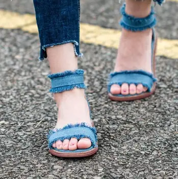 2017 Newest Denim Blue Flat Sandal for Woman Sexy Open toe Ankle Strap Gladiator Jeans Sandal Rome Style Cutouts Sandal