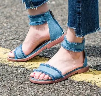 2017 Newest Denim Blue Flat Sandal for Woman Sexy Open toe Ankle Strap Gladiator Jeans Sandal Rome Style Cutouts Sandal