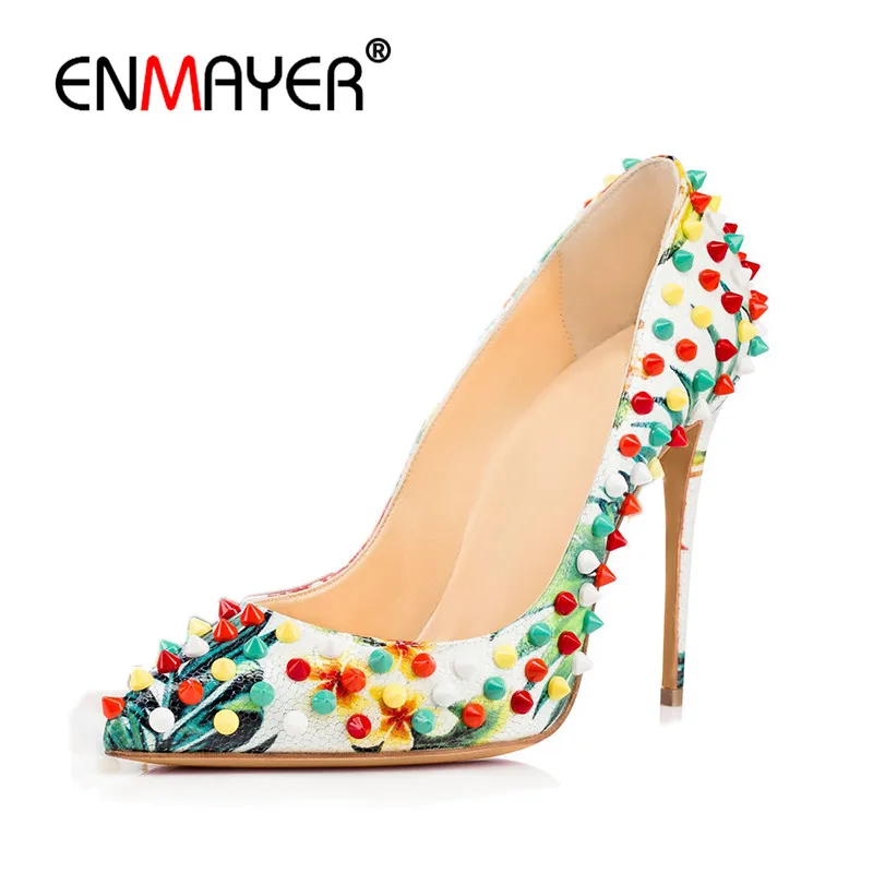 ENMAYER Multi Colors Shoes Woman Summer Shallow Pumps Plus Size 35-46 Rivets Charms Poined Toe Supper High Heels Pumps