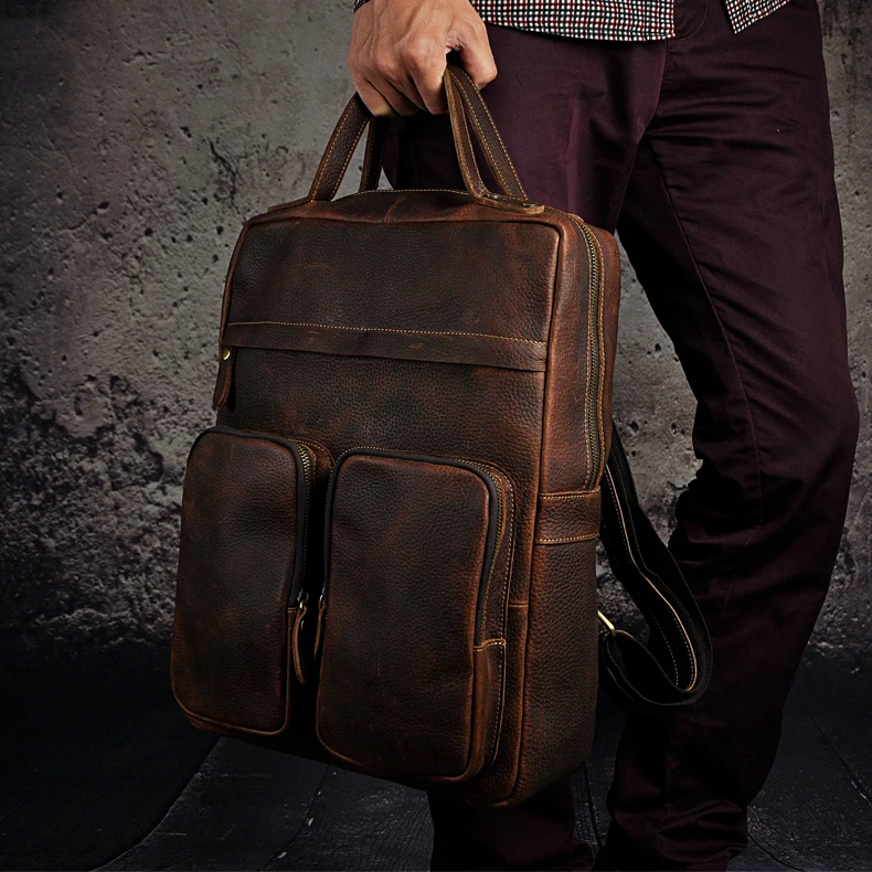 Men Male Genuine Real cowhide Leather Travel Bag School Backpack Daypack 2107
