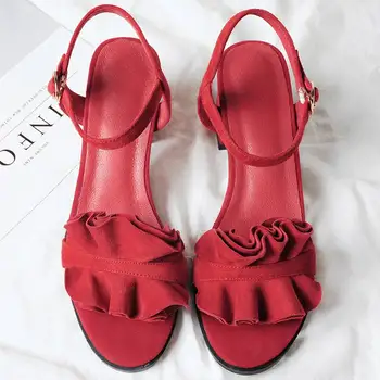 Krazing Pot sheep suede summer recommend flowers ankle straps thick high heels women sandals solid European peep toe shoes 41