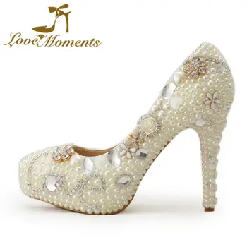 Love Moments shoes woman white pearl high heels platform wedding shoes Bride ladies shoes party evening dress shoes
