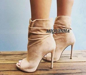 Temperament nude suede leather short boots open toe thin high heel ankle fold ankle booties elegant fashion party footwear