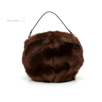 Trong Fashion Winter Rabbit Fur Bag Animal Cartoon Bear Shoulder Bag Round Tote Women's Lady's Fun Big Eyes Handbag