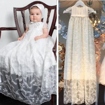 Infant dress long christening gown with lace short sleeves baby girl boy dressed on the special occasion with bonnet