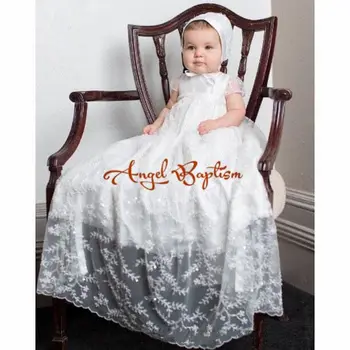 Infant dress long christening gown with lace short sleeves baby girl boy dressed on the special occasion with bonnet
