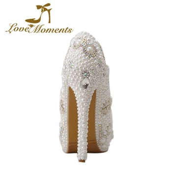 Love Moments shoes woman white pearl high heels Women Wedding shoes Bride Dress Party crystal ladies shoes