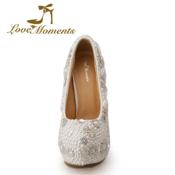 Love Moments shoes woman white pearl high heels Women Wedding shoes Bride Dress Party crystal ladies shoes