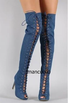 Women Denim Dark Blue Lace Up Thigh High Sandal Booties Stylish Open Toe Stiletto Heel Booties Long BootsHot Selling